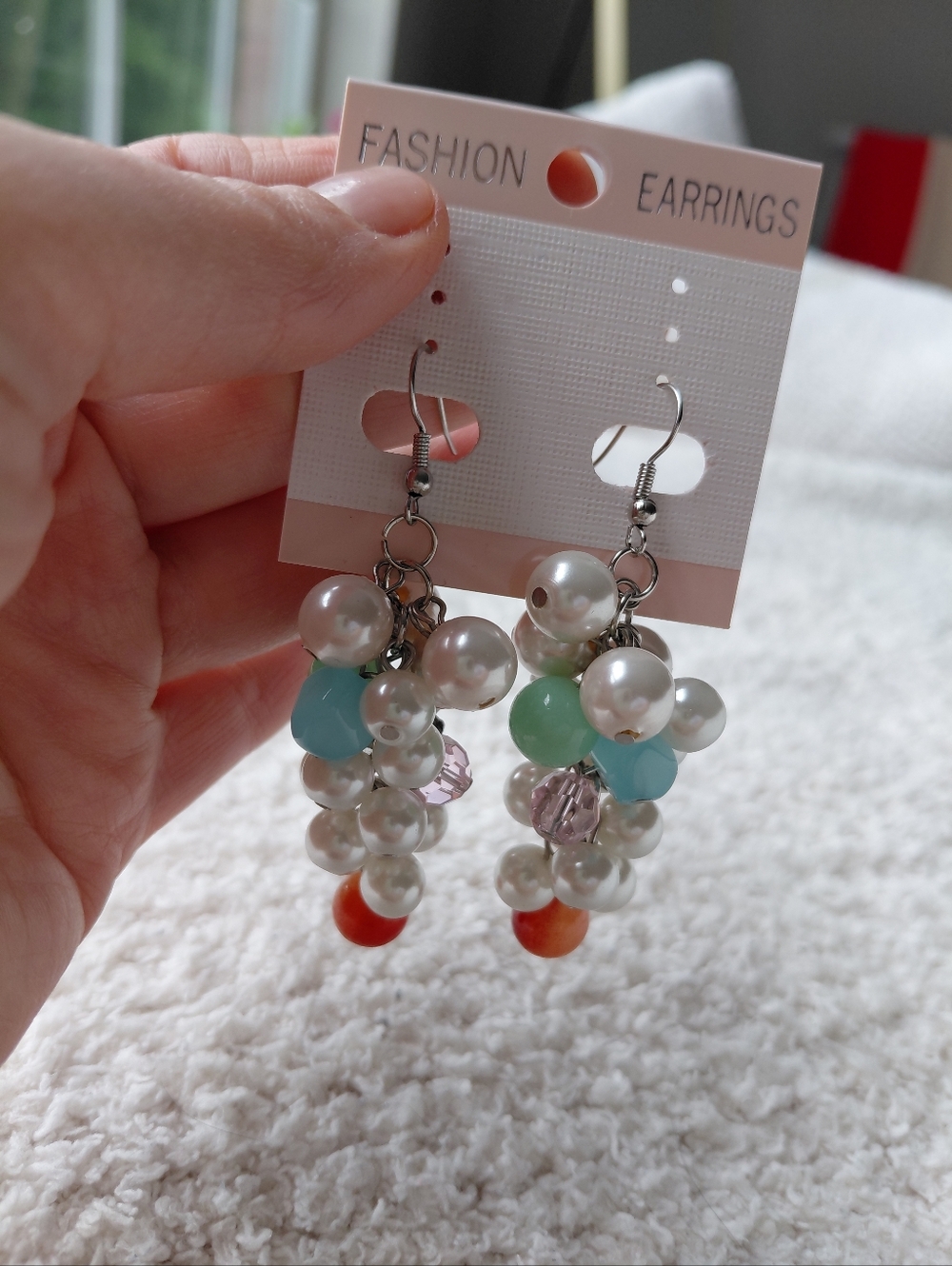 Pearl Cluster Drop Earrings with Aqua & Coral Accents Earrings